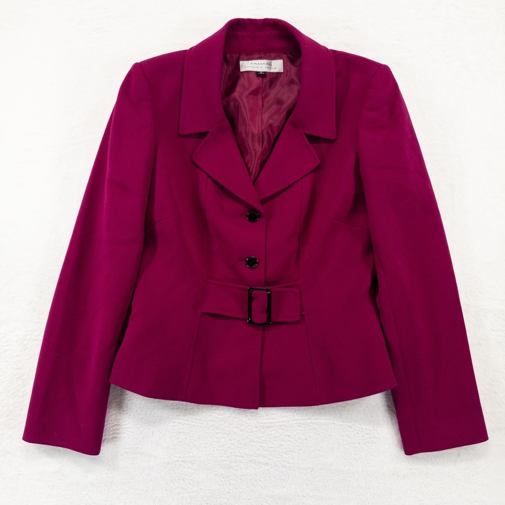 Tahari Womens Blazer Size 6 Magenta Pink Belted Button Front Career Jacket
